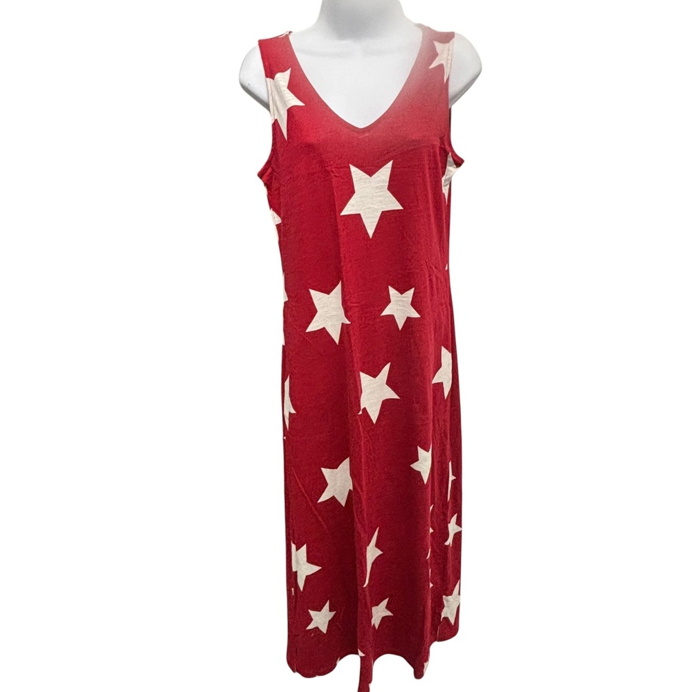 Belle by Kim Gravel Red Star Print Sleeveless V-Neck Maxi Dress Pockets XS